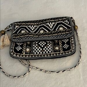 Chico's Black and Cream Embroidered Crossbody with Metallic Accents